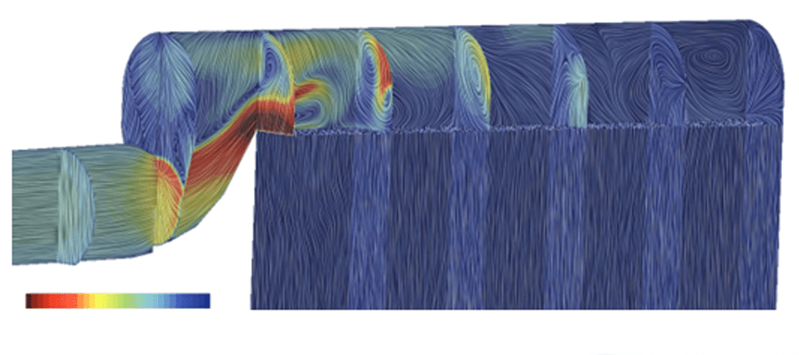 Plot showing the flow field and flow velocity in the region of measurement for residence time and temperature CFD Study for Incinerators